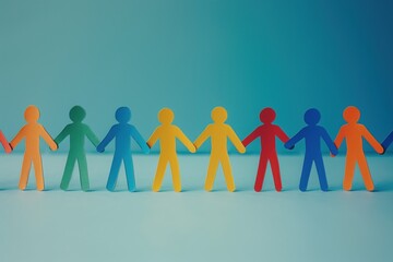 Unity and diversity concept with multicolored paper cut-out figures on blue background