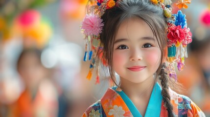Fototapeta premium A young girl in a colorful kimono smiles at a festival.