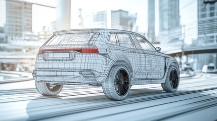 Back view of an SUV wireframe concept on a futuristic city road in 3D rendering.