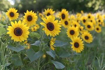 Obraz premium A vibrant field of sunflowers in full bloom, showcasing their bright yellow petals and dark centers.