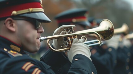 Trumpet Player in Military Uniform Blowing Gold Trumpet