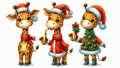 Fototapeta premium Merry Christmas, Watercolor Clipart of a funny Christmas giraffe, isolated on a white background