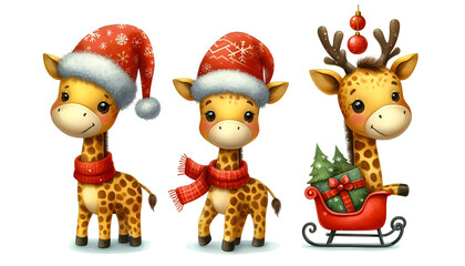 Fototapeta premium Merry Christmas, Watercolor Clipart of a funny Christmas giraffe, isolated on a white background