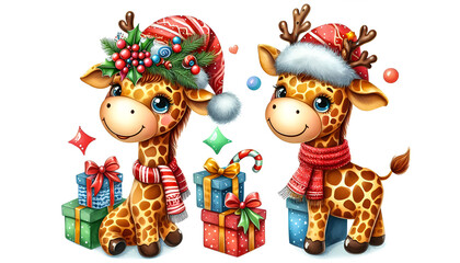 Naklejka premium Merry Christmas, Watercolor Clipart of a funny Christmas giraffe, isolated on a white background