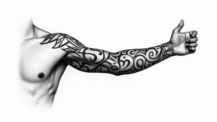 Minimalist arm sleeve tattoo design in black and white, with bold shapes and lines on a white background.
