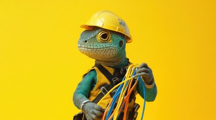 Lizard Dressed as an Electrician Holding Cables