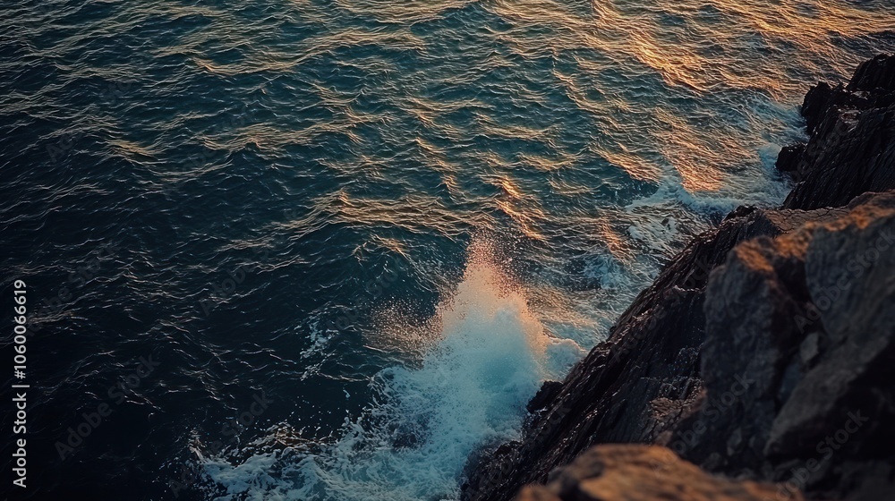 Poster an aerial view of a rocky cliff with waves crashing against it. the ocean is a deep blue color and t