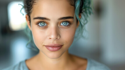 Naklejka premium A stunning portrait of a young woman with vibrant multicolor hair against a clean, simple background.