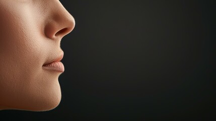 A stunning portrait of a young woman showcasing flawless skin and impeccable makeup against a sleek black backdrop.
