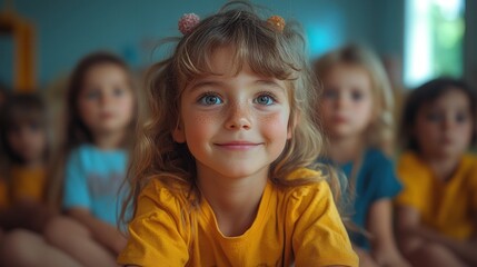 Fototapeta premium A smiling girl in a group of children, enjoying a moment together.