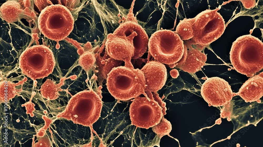 Poster A close-up microscopic view of red blood cells suspended among cellular particles, highlighting the complexities of cellular structure
