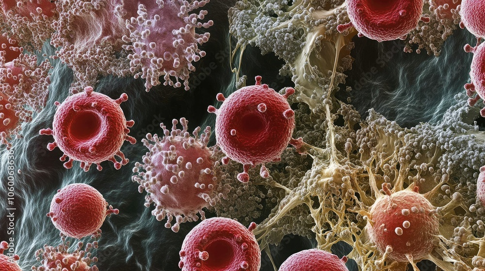 Poster A close-up microscopic view of red blood cells suspended among cellular particles, highlighting the complexities of cellular structure
