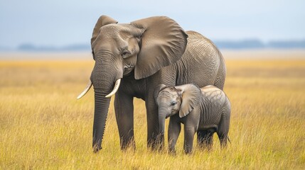 Fototapeta premium A mother elephant stands protectively beside her young calf in a grassy landscape.