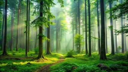Fototapeta premium A lush forest with tall trees and a misty atmosphere, set against a vibrant green background, foliage patterns, natural beauty, outdoor photography, nature scenery