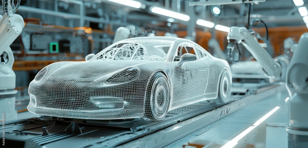 Aufkleber intersection of automation and automotive technology with a white wireframe car on a futuristic asse