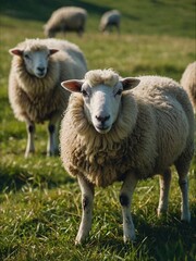 Fototapeta premium A flock of sheeps grazing in the meadow, light colors and green grass