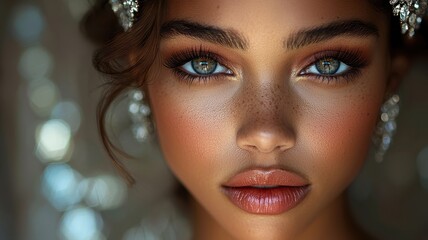 A close-up portrait of a young woman with stunning features, wearing elegant accessories, showcasing a natural beauty and captivating gaze.