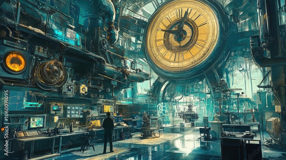 Poster Complex time-travel lab in dystopian future, scientists working to prevent extinction of magical beings.