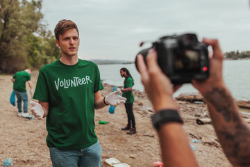 Volunteer explains cleaning project while being filmed by videographer