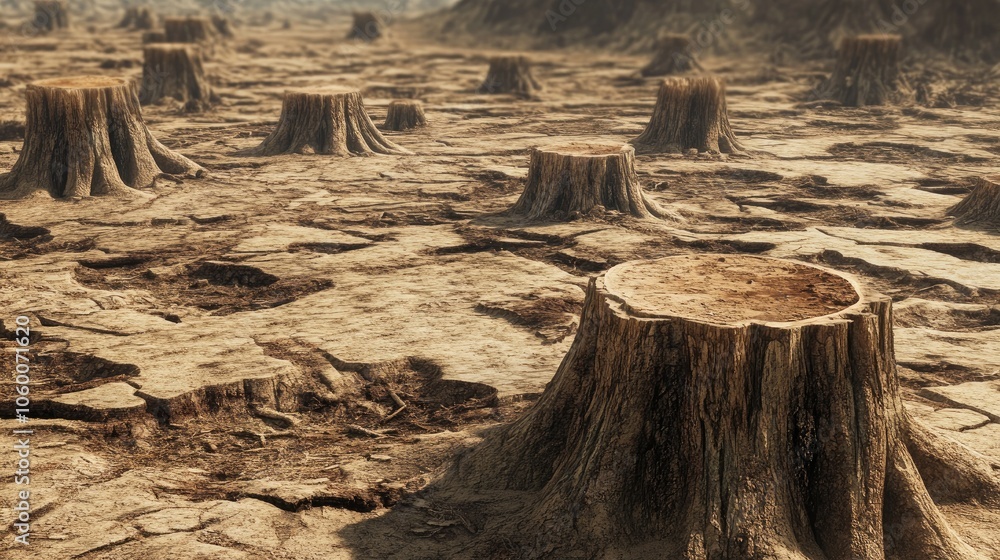Poster deforested area with tree stumps and dry soil; conveying the urgency of stopping habitat destruction