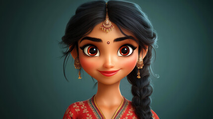 Fototapeta premium A joyful cartoon woman in vibrant traditional dress, radiating cheer and cultural beauty, perfect for illustrating emotions.