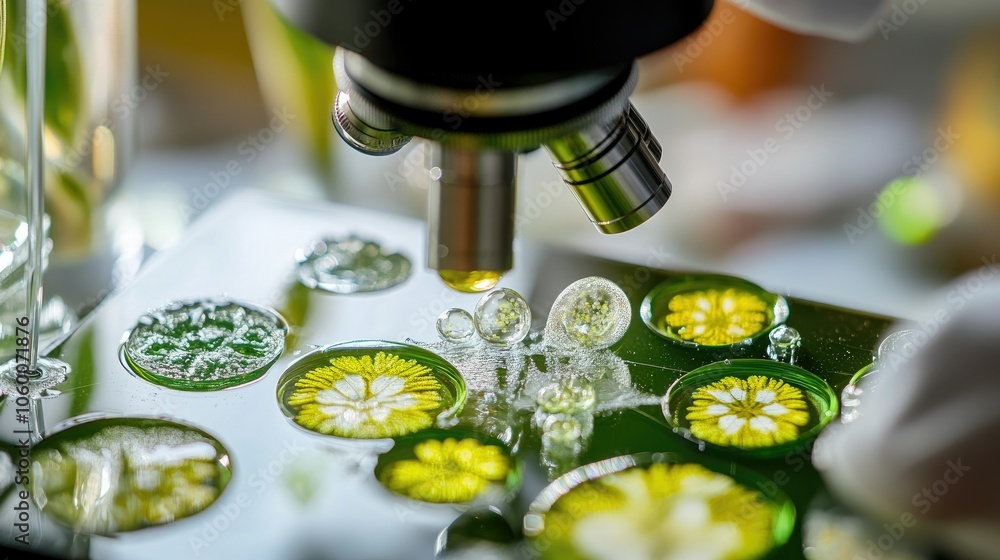 Poster detailed view of a scientist studying plant cells under a microscope, highlighting the importance of