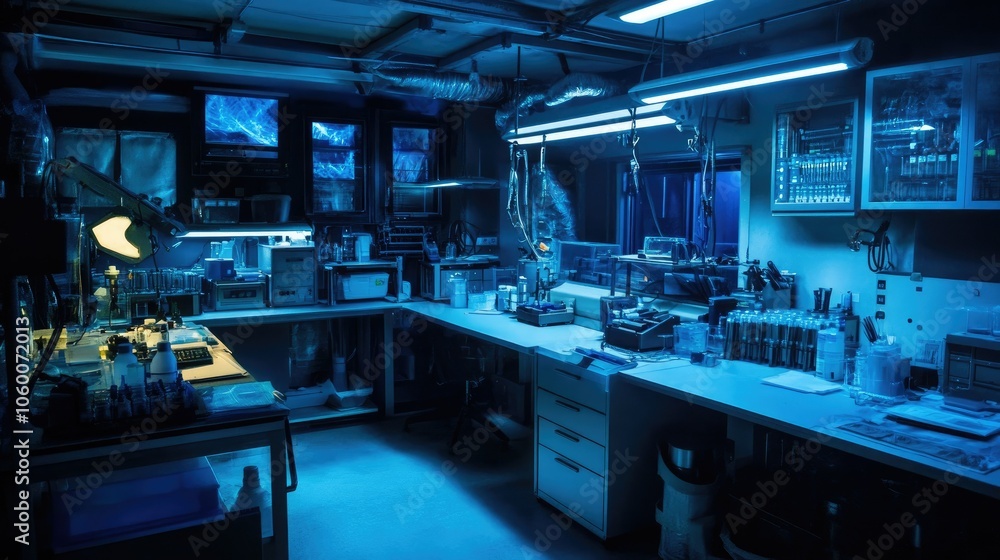 Poster dystopian lab with dim lighting, high-tech devices, and a scientist urgently working to rescue magic