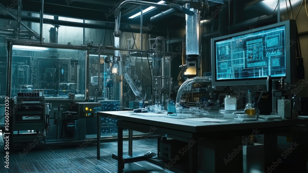 Poster dystopian lab with screens and machinery, scientist testing time travel to rescue endangered magical