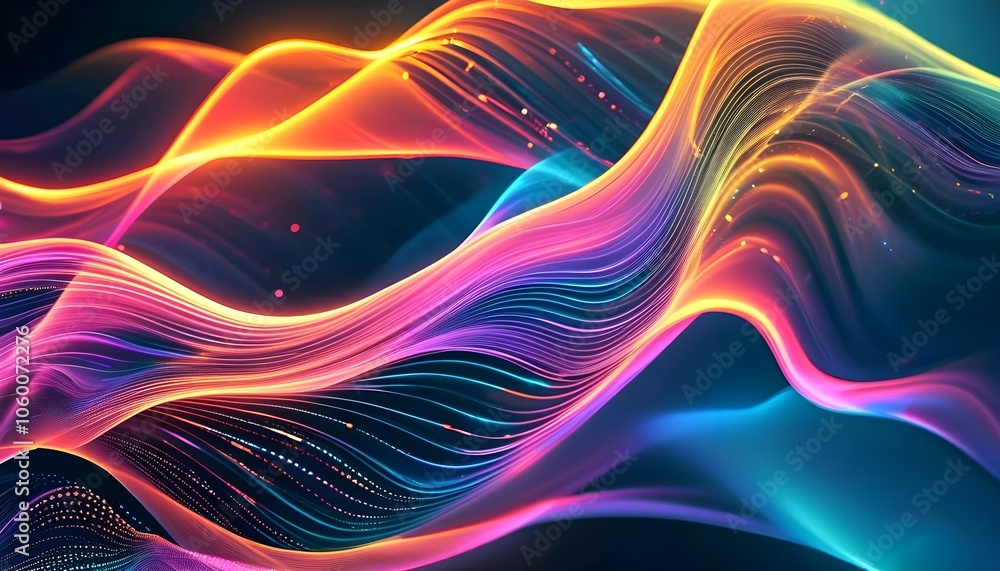 Poster colorful abstract fractal background with dynamic waves and glowing patterns, blending elements of s