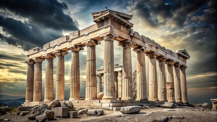 Fototapeta premium Ancient Greek temple ruins with crumbling columns on a silver background, forgotten, architecture