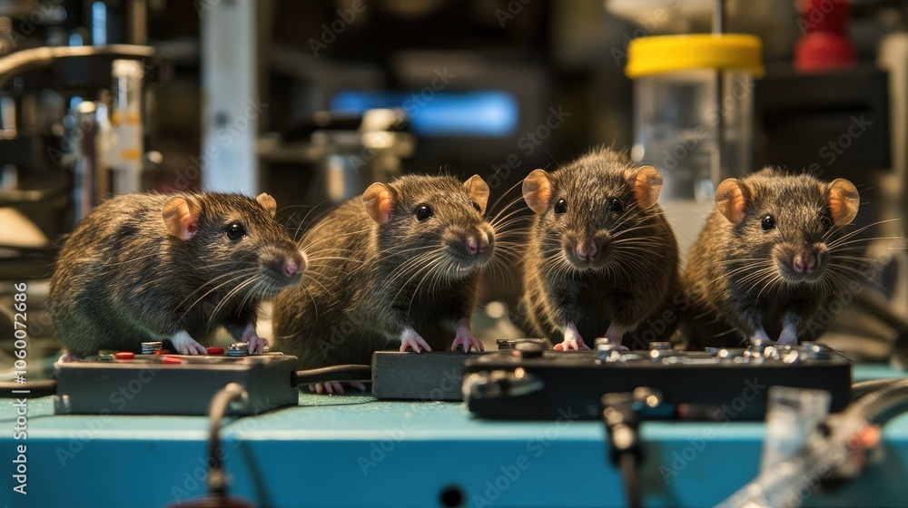 Poster group of lab rats in a controlled setting, with scientific apparatus in view, representing ethical c