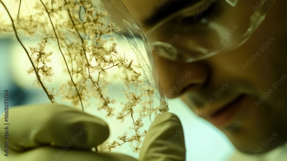 Poster Lab scientist observing the cellular structure of a plant specimen, focusing on research in botany and ecology