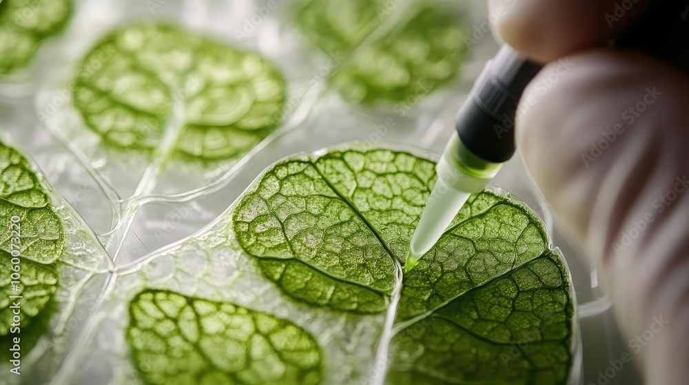 Poster Lab scientist observing the cellular structure of a plant specimen, focusing on research in botany and ecology