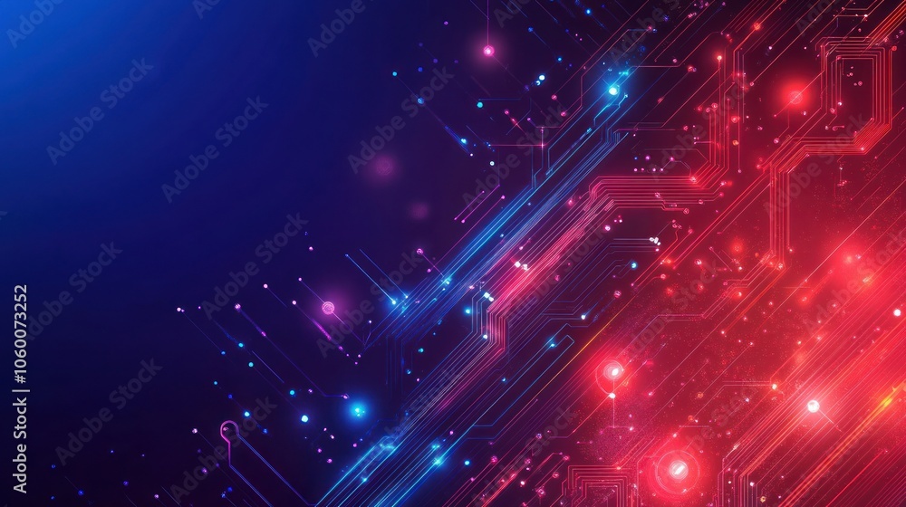 Poster abstract digital design with vibrant colors and circuit-like patterns, representing technology.