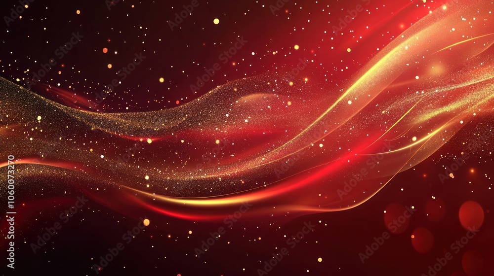 Poster Abstract red and gold waves with sparkling particles create a dynamic, vibrant background.