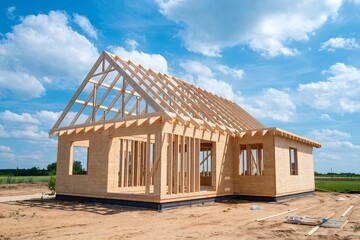 Wooden House Under Construction on Sunny Day, New Home Building Site with Framing Structure, Real Estate Development, Residential Construction Project, Sustainable Architecture, Suburban Expansion, Bl
