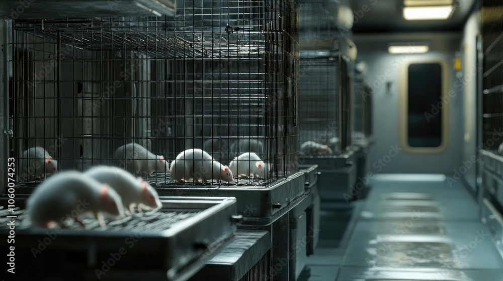 Poster research lab featuring rats in cages, highlighting the importance of ethical standards in animal tes