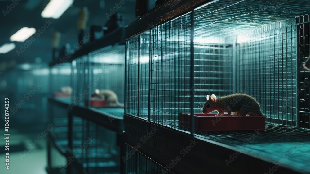 Poster research lab featuring rats in cages, highlighting the importance of ethical standards in animal tes