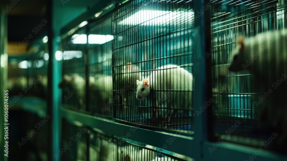 Poster research lab featuring rats in cages, highlighting the importance of ethical standards in animal tes