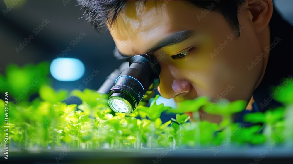 Poster researcher intently analyzing plant cells under a microscope, emphasizing scientific exploration in 