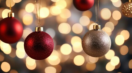 Fototapeta premium Vibrant Christmas balls adorned with glittering ornaments shine against soft bokeh lights in a festive blur.
