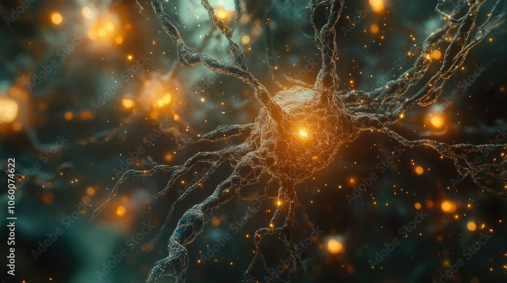 Poster digital rendering of a neural network with intricate pathways, showcasing the forefront of neuroscie