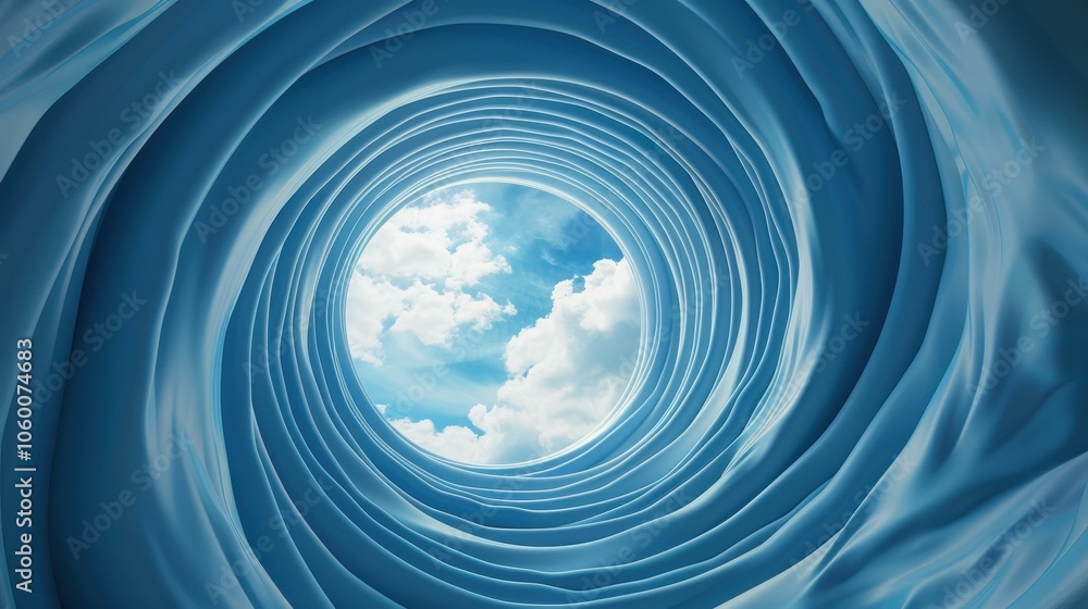 Poster a serene abstract blue tunnel with soft white clouds drifting, creating a tranquil and dreamy atmosp