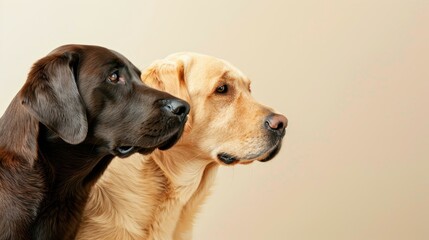 Three playful dogs gaze into the distance, their fur glistening against a soft, light background, capturing pure joy.