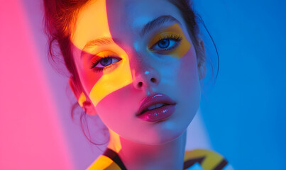 Obraz premium Modern Beauty Concepts: Women in Dynamic Urban and Natural Environments, Featuring Bold Geometric Designs and Retro Album Cover Inspirations