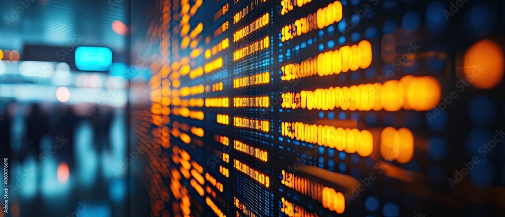 Poster abstract close-up of an illuminated digital display with a blurred background of a busy city street.
