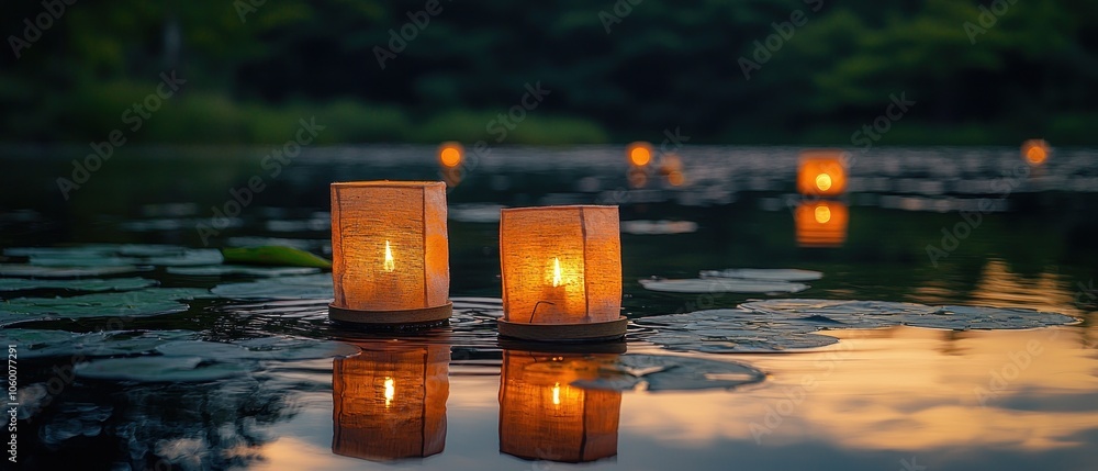 Aufkleber two lit lanterns floating on a calm water surface at dusk