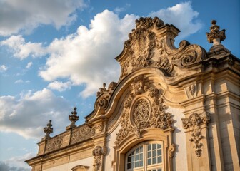 Obraz premium Ornate Rococo Style Stone Entablature Adorning the Facade of a Historic Architectural Structure