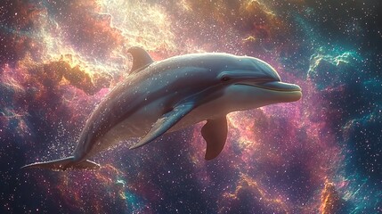 Fototapeta premium Detailed image of a graceful dolphin swimming through space surrounded by colorful nebulae and distant planets