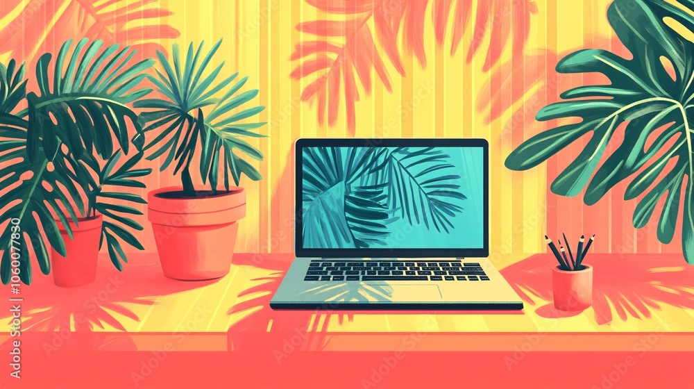 Poster Professional attending a virtual meeting on a laptop in a cozy home office setup with empty space for text